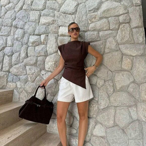 Chocolate Brown Elegant Womens Padded Shoulder Ruffle Asymmetric Zipper TOPO - Picture 5 of 10